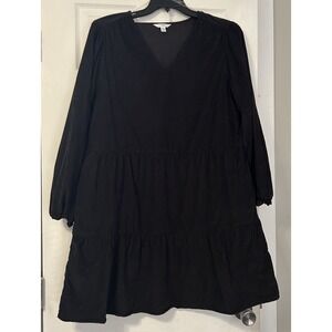 Women's Time & Tru Black Corduroy Dress Long Sleeve V Neck Sz XL 16-18 Pockets